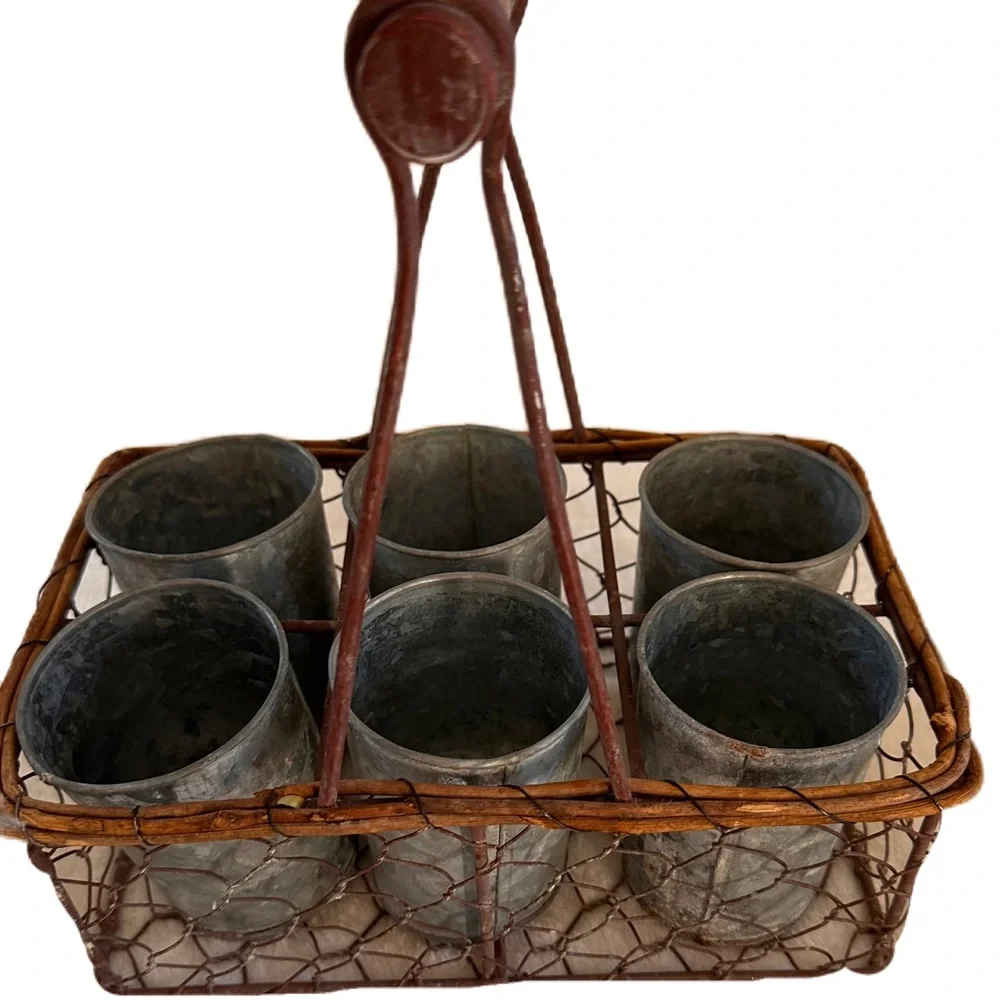 French Basket Farmhouse Rustic Wire Handle‎ 6 Cup Galvanized Metal Herb Pots